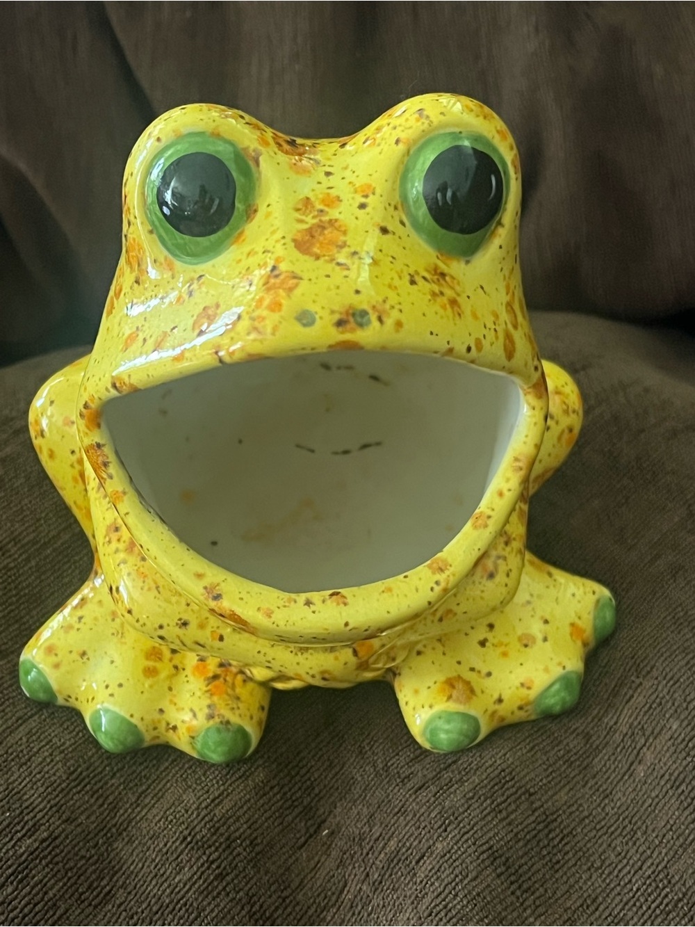 Vintage Ceramic Glazed Speckled Frog sponge holder yellow/orange 70’s